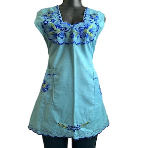 Medium Mexican Green Woman Apron with Blue Floral Embroidered, Handy Pockets Cooking Protective Dressy Apron Mexican Kitchen Delantal Mandil
