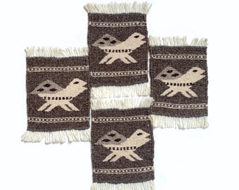Set of 4 Gray Rug Coaster, Tortoise Natural Non Dyed Sheep Wool Fun Coaster, Earthy Color Mini Rugs, Hand Tightly Woven Zapotec Rug Coaster