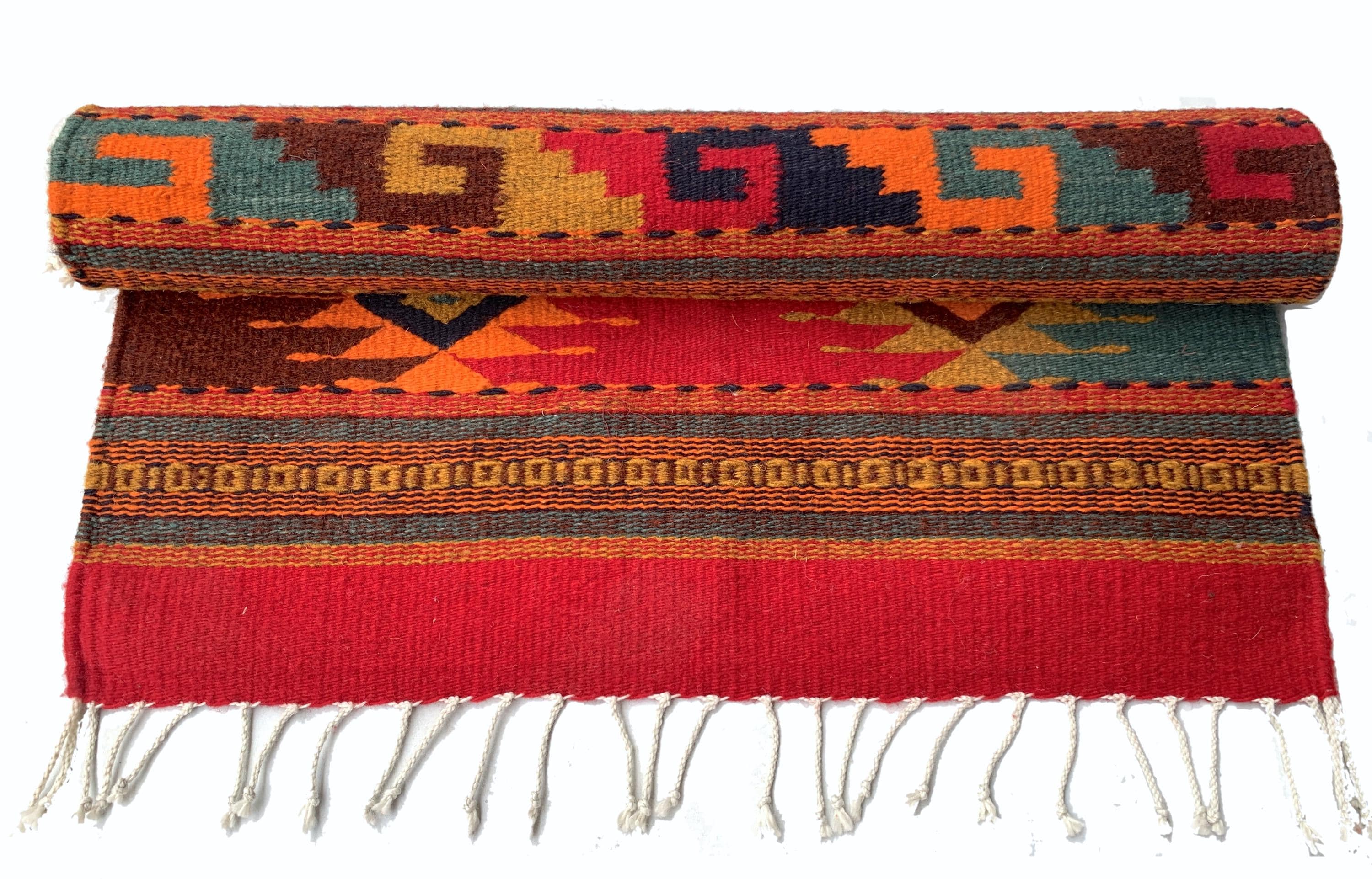 Hand Woven Zapotec Wool Rug: Red and Green Geometric Tapestry