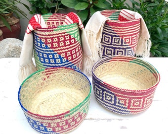Hand Woven Palm Leaf Basket Set: Mexican Multicolor Home Storage with Cotton Placemats