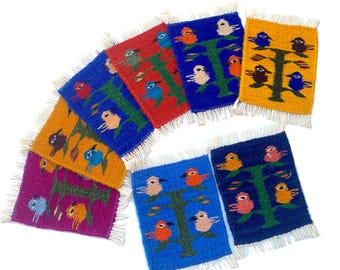 Set of 8 Color Bird Design Wool Coasters: (5"x6") Well Hand Crafted Mug Rugs