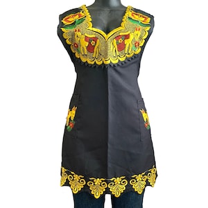 Woman XL Black Apron with Yellow Floral and Donkey Embroidery, Kitchen Cooking Protective Dressy Apron, Mexican Handy pocket Mandil Delantal
