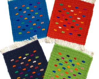 Dots Color Wool Rug Mug Coaster for Cold Hot Dish Set of 6 Thick Reversible Tightly Hand Woven Zapotec Mini Rugs, Washable Tapestry Coaster