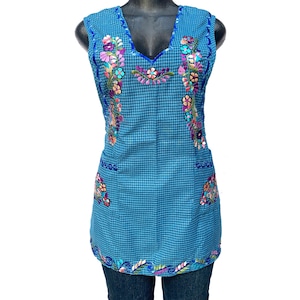 Embroidered Floral Mexican Apron: Blue Cotton Blend, Pockets, Adjustable Straps