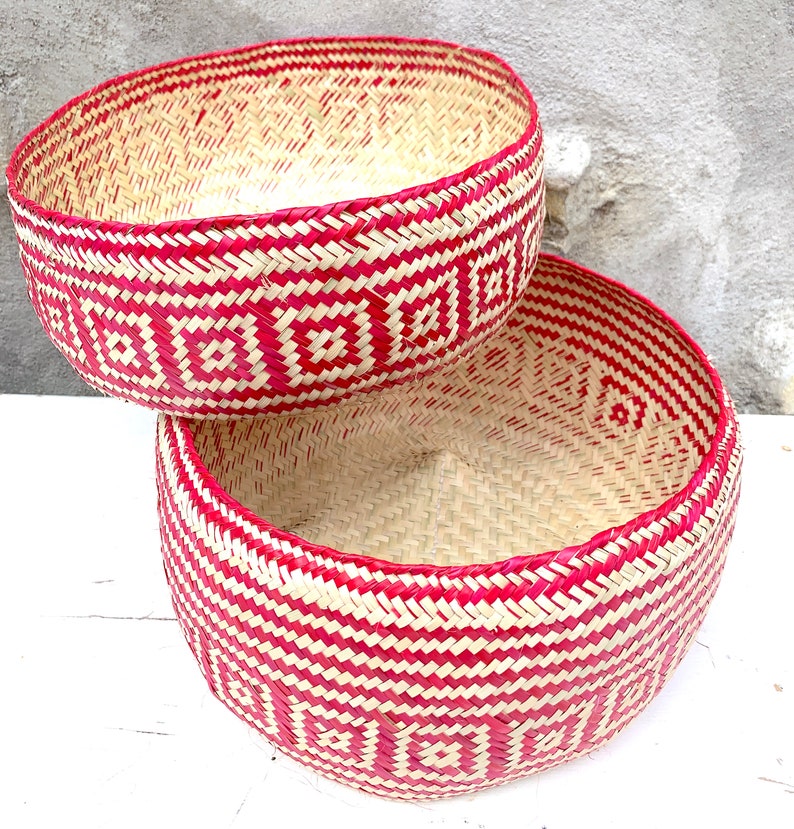 Hand Woven Palm Leaf Baskets: Mexican Geometric Storage, Set of 2 image 3