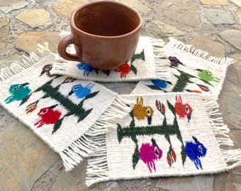 Posavasos de lana tejidos a mano: Tapiz zapoteca Árbol de la Vida, juego de 4