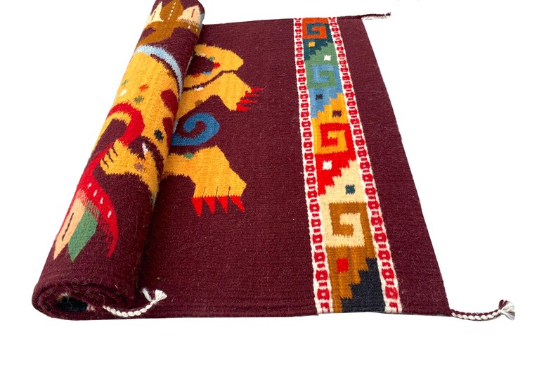 Mayan Rug Patterns Hand Woven Mayan Jaguar Rug, Burgundy Zapotec Wool Tapestry (24x41 In ...