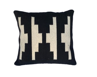 Hand Woven Zapotec Pillow Cover: Black & White Geometric Wool Cushion (19x19 Inches)