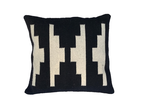 Hand Woven Zapotec Pillow Cover: Black & White Geometric Wool Cushion (19x19 Inches)