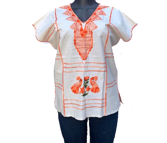 手刺繍のメキシカンブラウス：オレンジの花柄コットンペザントトップ 