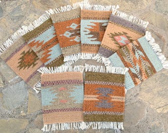 Zapotec Rug Earthy Color Mug Coaster 5"x6" Set of 8 Western Geometric Wool Mini Rug, Hand Woven Zapotec Tapestry Washable Reversible Coaster