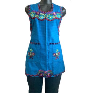 Floral Embroidered Mexican Apron: XS Blue Kitchen Delantal