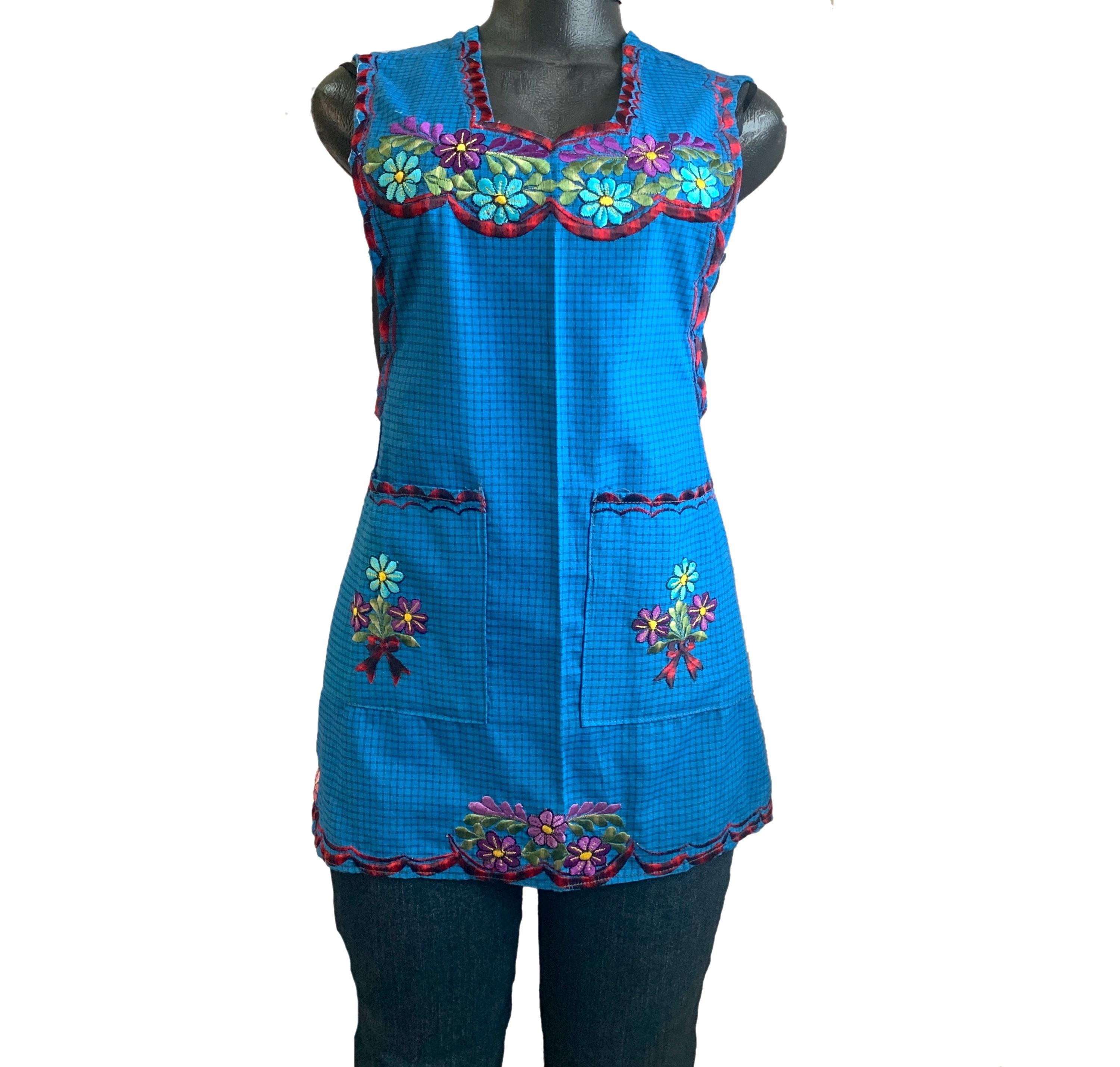 花柄刺繍のメキシカンウーマンエプロン：XS ブルー キッチンデランタル