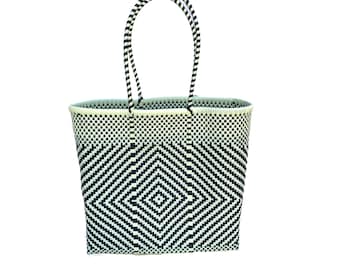 Mexican Reusable Large Tote Bag Heavy Duty Grocery Carry Multipurpose Green & Black Geometric Double Handles Tote Recycle Plastic Morral