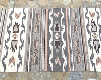 Hand Woven Wool Zapotec Rug: Gray, White, and Tan Geometric Tapestry