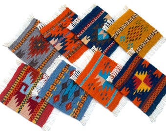 Hand Woven Zapotec Wool Coasters: 5x6 Inches Western Geometric Mini Rugs, Set of 8