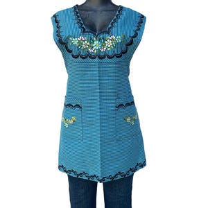 Medium Mexican Apron: Blue Floral Embroidered Cooking Apron