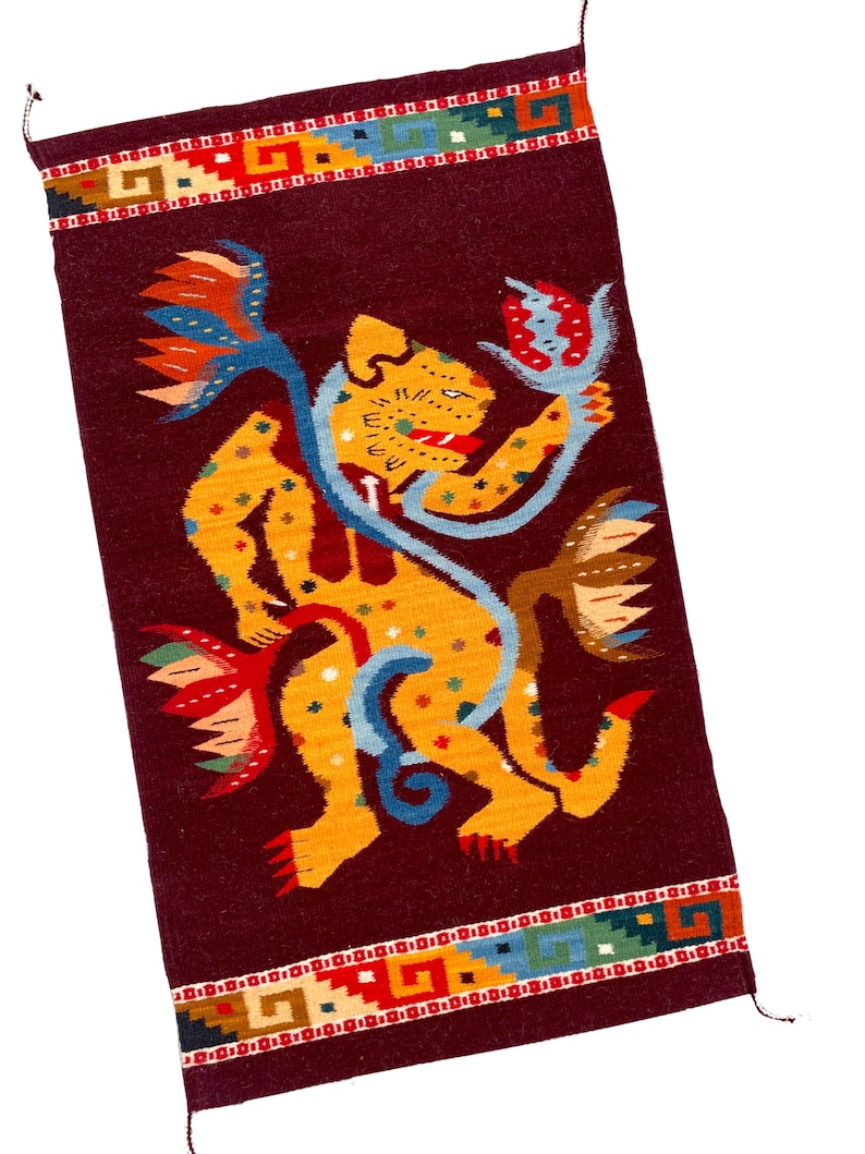 Hand Woven Mayan Jaguar Rug, Burgundy Zapotec Wool Tapestry (24x41 In ...