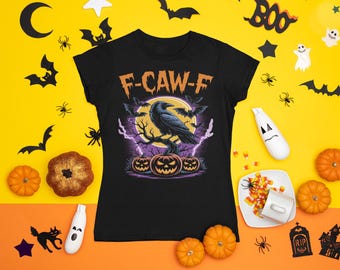 Raven Halloween Sublimation PNG | F-CAW-F Crow Design with Pumpkins & Bats | Spooky Gothic Digital Download