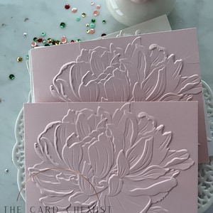 Cartão de felicitações de peônia em relevo feito à mão – perfeito para casamentos, notas de agradecimento e cumprimentos diários – em branco por dentro para mensagens personalizadas