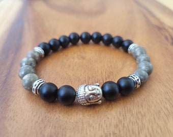 Black Onyx with Grey Jasper Beaded Buddha Bracelet for Protection and Grounding
