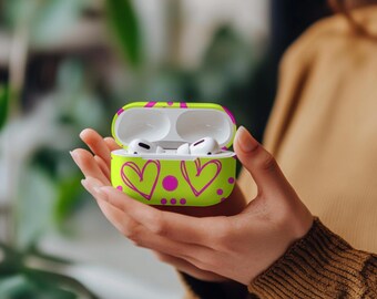 Neon Heart Print AirPods Case, Durable Polycarbonate Earbud Cover