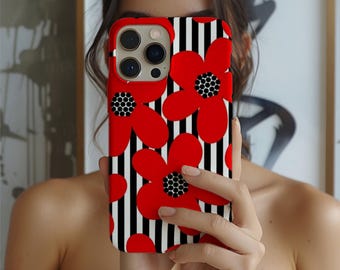 Red Floral Phone Case: Botanical Design, Dual-Layer Protection (Glossy/Matte)