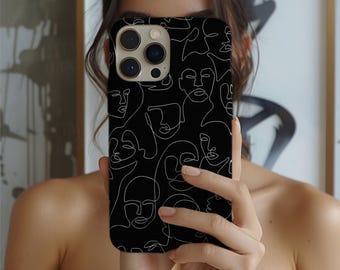 Abstract Face Line Art Phone Case, Dual-Layer Protective Cover for iPhone/Samsung