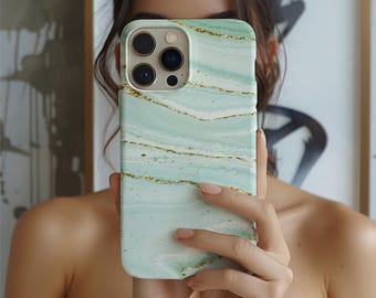 シックなグリーンマーブル柄のスマホケース：保護用ポリカーボネート＆TPUシェル