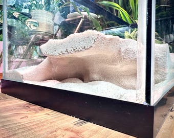 May include: A glass terrarium with a black base, filled with white sand and a textured, beige, cave-like structure. The background shows lush green plants, suggesting a natural habitat.