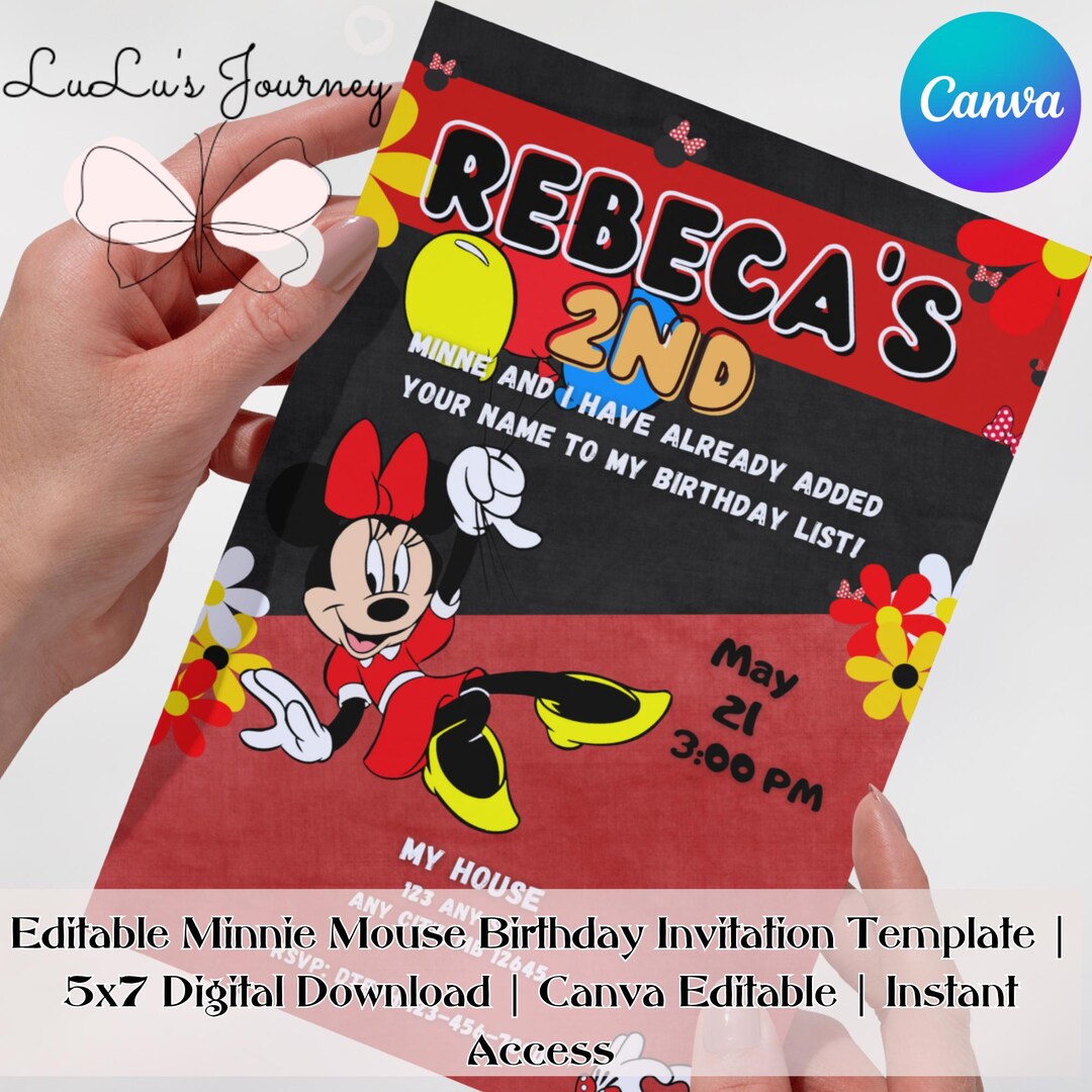 Editable Minnie Mouse Birthday Invitation Template | 5x7 Digital ...