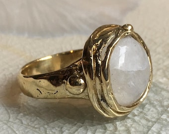 Gold Moonstone ring, organic ring, gold plated ring, golden brass ring, gemstone ring, cocktail ring, statement ring - Notorious Wind RK1470