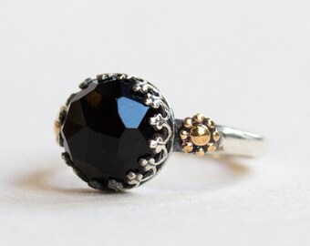 Onyx gemstone ring, bohemian crown ring, silver gold ring, gypsy ring, boho ring - Lost in legend R2258