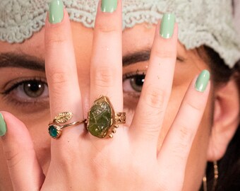 OOAK ring, Raw Peridot ring, organic boho ring, hippie ring, cocktail ring, goldfilled brass ring - Growth R3000