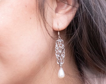 Drop pearl earrings Silver earrings Filigree earrings, boho jewelry Long earrings Elegant earrings - Between the Lines - E8015
