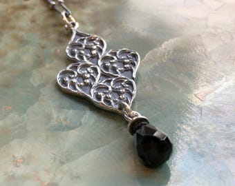Silver pendant, onyx pendant, lace necklace, Filigree necklace, dramatic large pendant, gypsy necklace, statement necklace - Supreme N2079