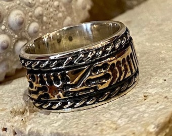 Men's band, seal ring, silver bronze ring, man signet ring, Unisex ring, statement ring, twotone ring, rustic ring - Rust R2811