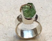 Green quartz ring, One Of A Kind ring, raw gemstone jewelry, organic design ring, boho ring, silver gold ring, twotone ring - Tango R2364
