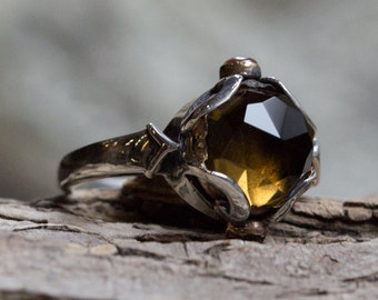 Smoky quartz Ring, Sterling silver ring, silver yellow gold ring, multi stones ring, carnelian ring, high silver ring - Hold my hand - R2162