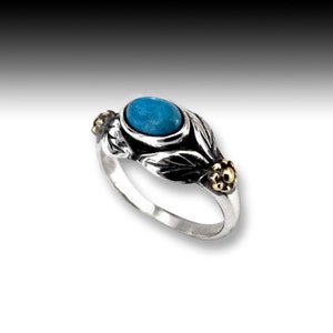 Gold Silver Ring, turquoise ring, gemstone ring, birthstone ring, Two tones ring, leaves ring, botanical ring Wonder R2185 image 1
