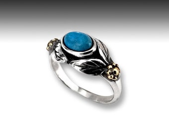 Turquoise ring, Gold Silver Ring, gemstone ring, birthstone ring, Two tones ring, leaves ring, botanical ring - Wonder R2185