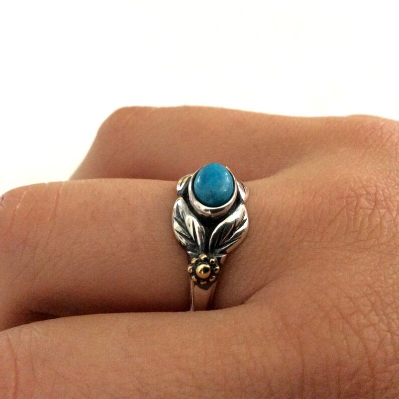 Gold Silver Ring, turquoise ring, gemstone ring, birthstone ring, Two tones ring, leaves ring, botanical ring Wonder R2185 image 5