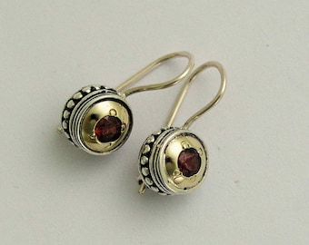 Silver earrings, yellow gold earrings,  two tone earrings, everyday earrings, red garnet earrings - Love Drums E0287x