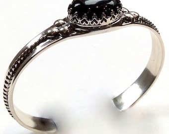 Silver cuff, onyx cuff, statement bracelet, unique bracelet, statement cuff, gemstone bracelet, casual simple cuff - Deep black B3006S-1