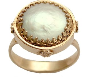 Pearl jewelry, Gold engagement ring, coin pearl ring, 14K rose gold ring, Victorian crown ring, single pearl ring - Snow white RG1247-1