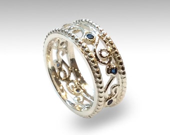 Blue sapphires Ring, sterling silver ring, blue stones band, wide band, dotted silver band, delicate ornate ring - Fly in circles R2335