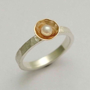 Sterling Silver Ring, rose gold ring, pearl ring, engagement ring, wedding ring, two-tone ring, hammered ring - Pure and innocent. R1324A