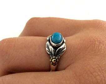 Birthstone ring, turquoise ring, two tones ring, leaves ring, botanical ring, gold Silver Ring, gemstone ring - Wonder R2185