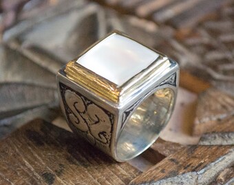 Silver Ring, Silver gold ring, cocktail ring, shell ring, gemstone ring, square ring - The emperor seal  R1600A