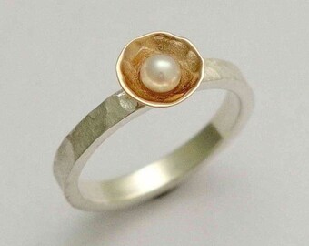 Rose Gold silver ring, twotone engagement ring, Pearl Ring, unique engagement ring, boho ring, bridal ring, simple ring - Delicate. RG1102